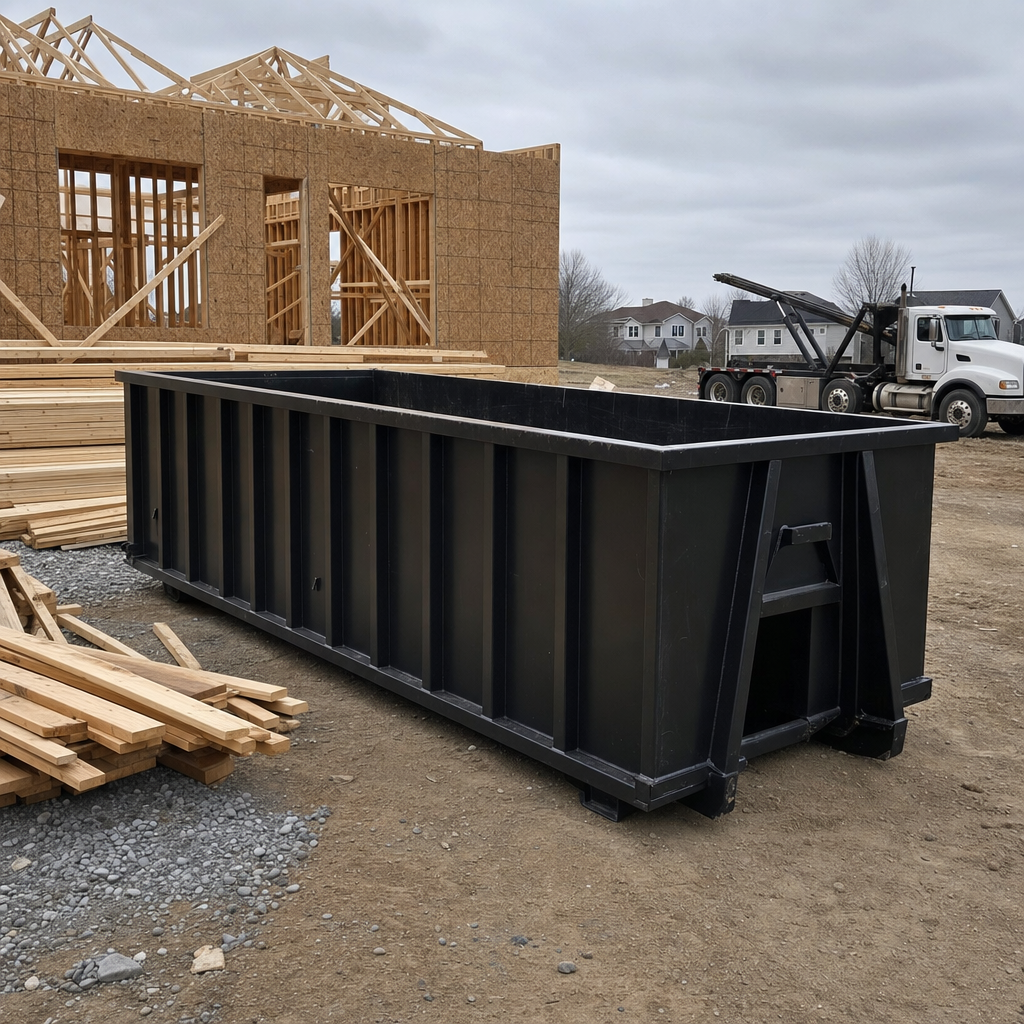 Matte-black 40-yard roll-off dumpster staged on a framed-out residential construction site in Encinitas, framing lumber stacked nearby, hooklift delivery truck visible in the background under bright Colorado daylight