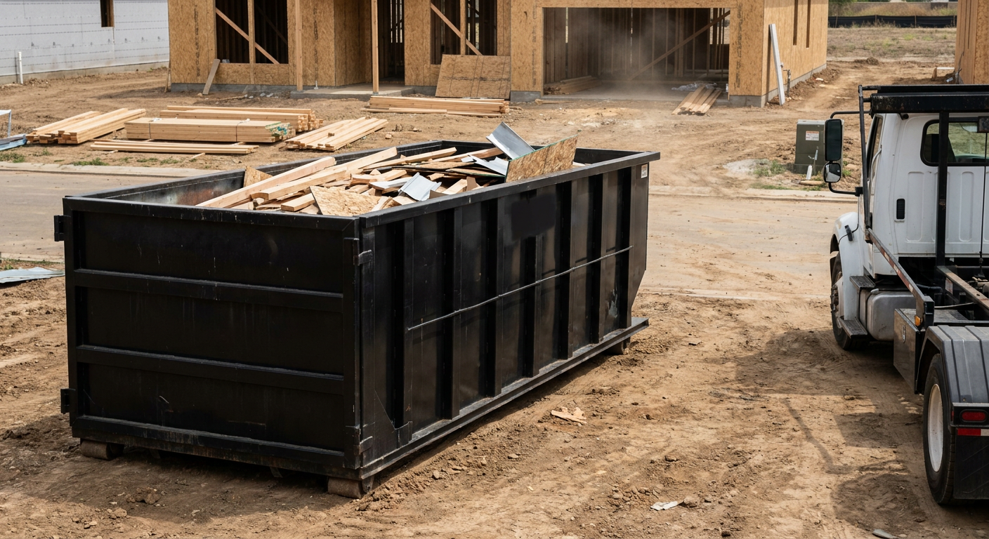 Matte-black 20-yard roll-off construction dumpster with heavy ribbed steel sidewalls and swing rear doors at a working jobsite in Encinitas, sitting directly on compacted dirt with an unmarked white hauler partially visible at the far edge of the frame.