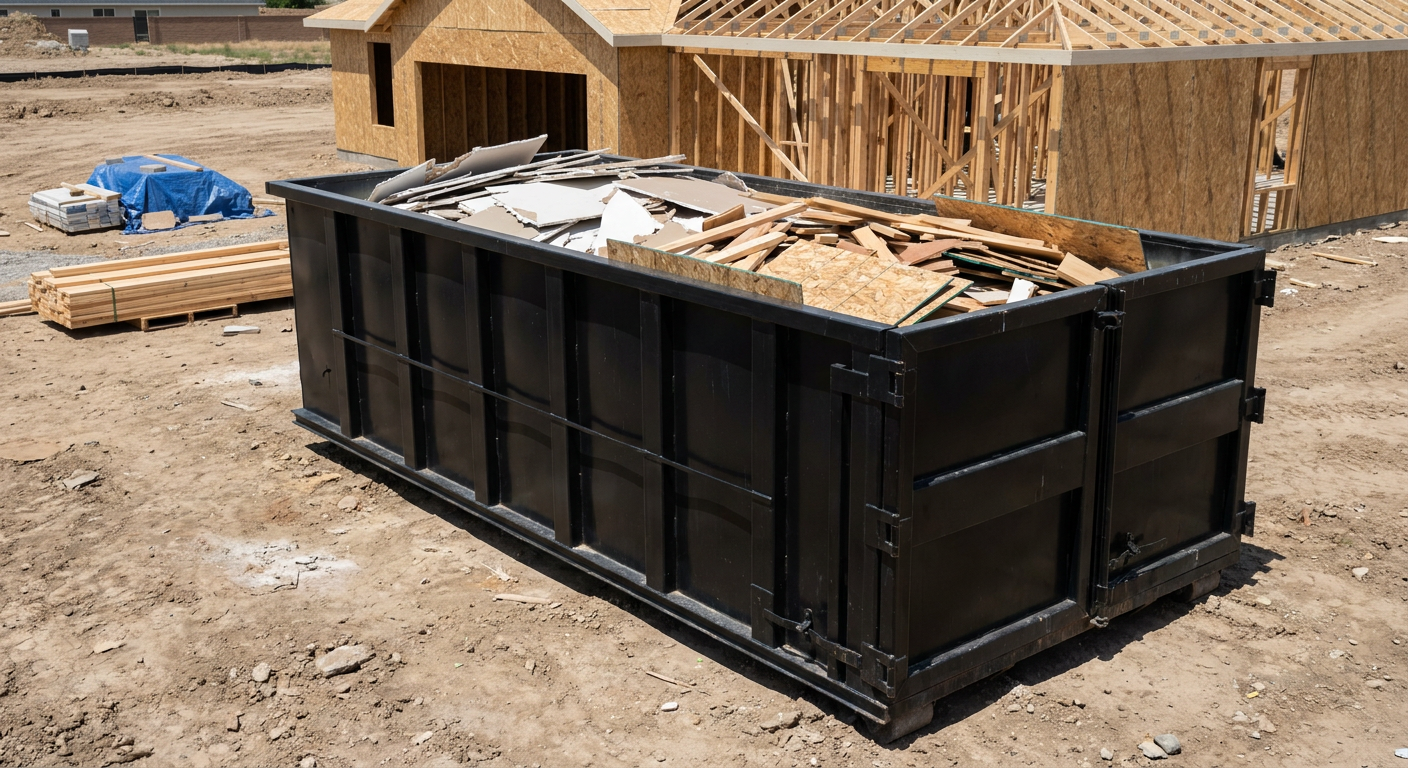 Matte-black 30-yard roll-off construction dumpster sitting directly on the compacted-dirt site of a framed single-family home build in Encinitas, drywall and lumber scrap loaded inside.