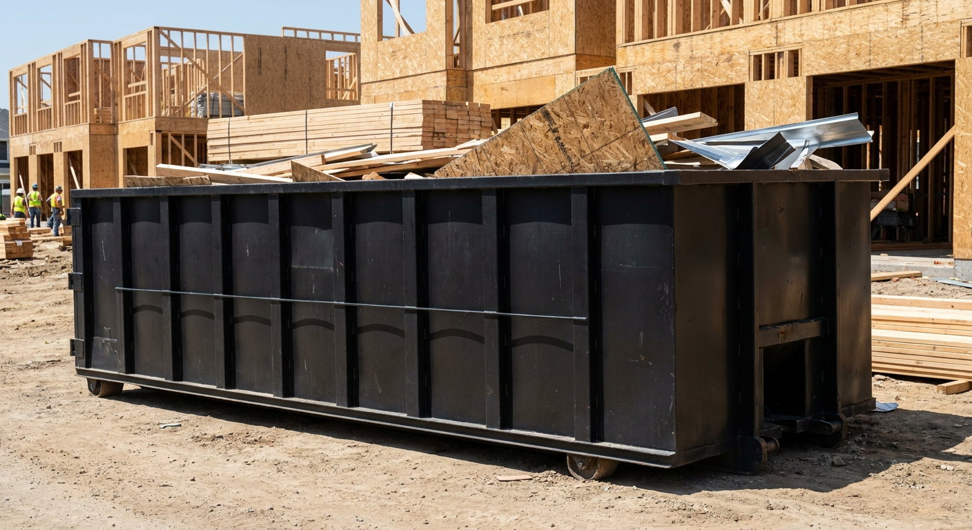 Matte-black 40-yard roll-off construction dumpster being lowered from a white-cab hooklift delivery truck onto the compacted-dirt jobsite at a commercial build site in Encinitas