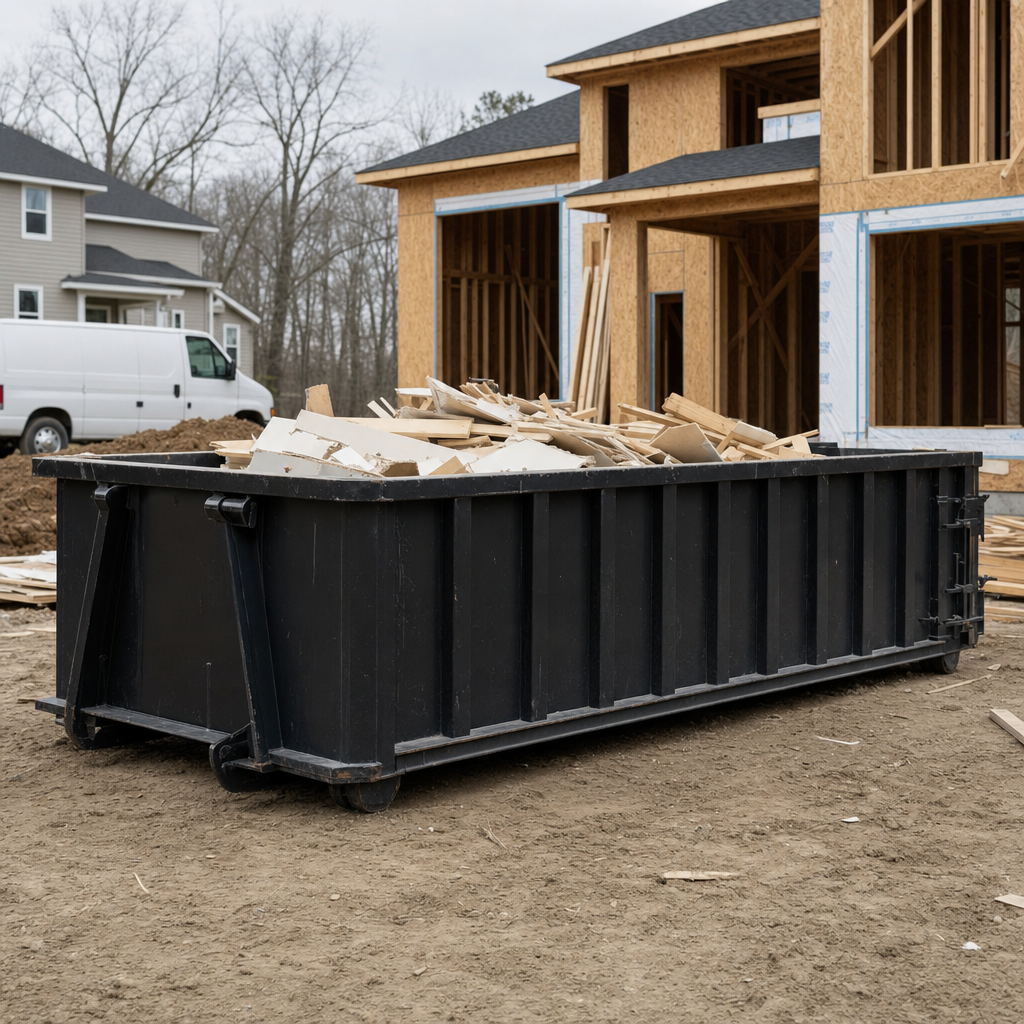 Worker in a yellow high-visibility vest tossing framing lumber and broken drywall into a matte-black 30-yard construction roll-off dumpster on an active build site in Encinitas, bright daylight
