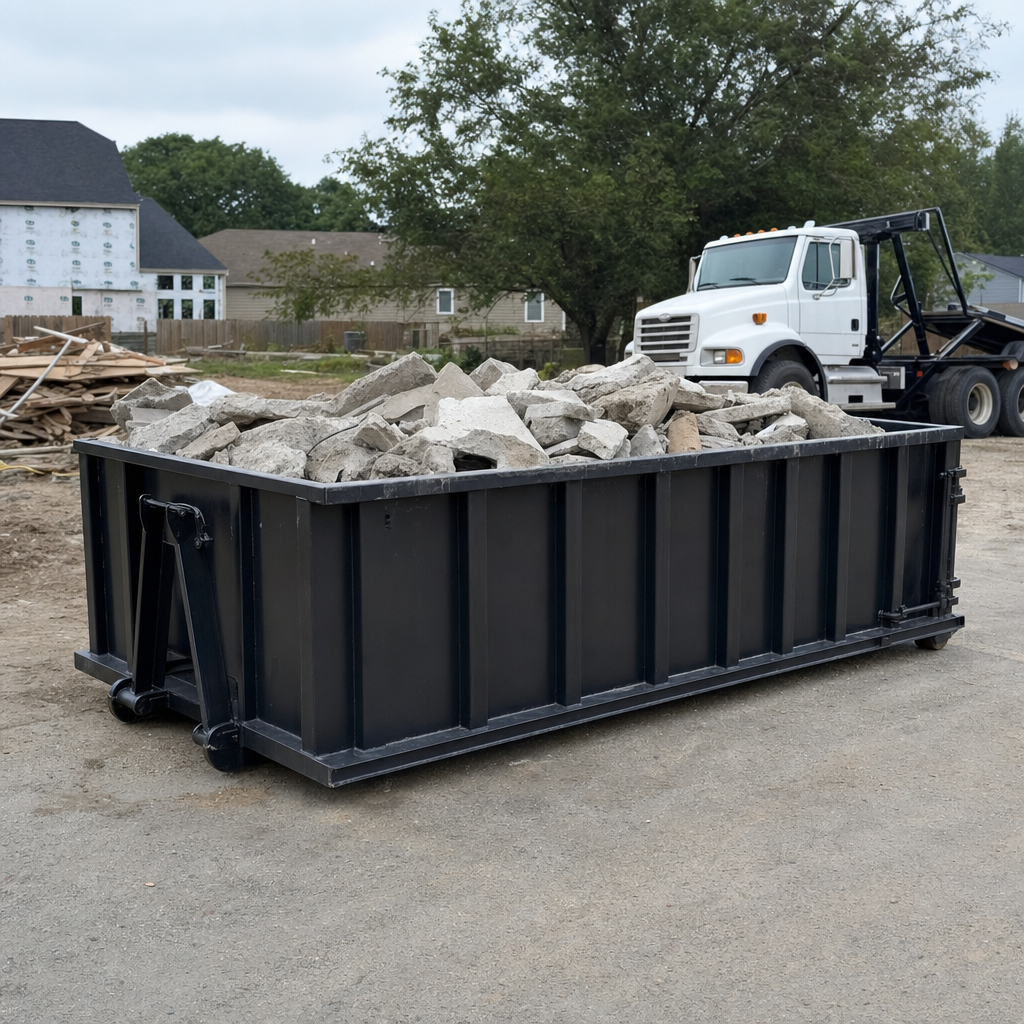 Low-profile matte-black lowboy roll-off dumpster loaded with broken concrete slab and rebar at a foundation tear-out in Encinitas, skid steer parked beside it, sunny Colorado morning