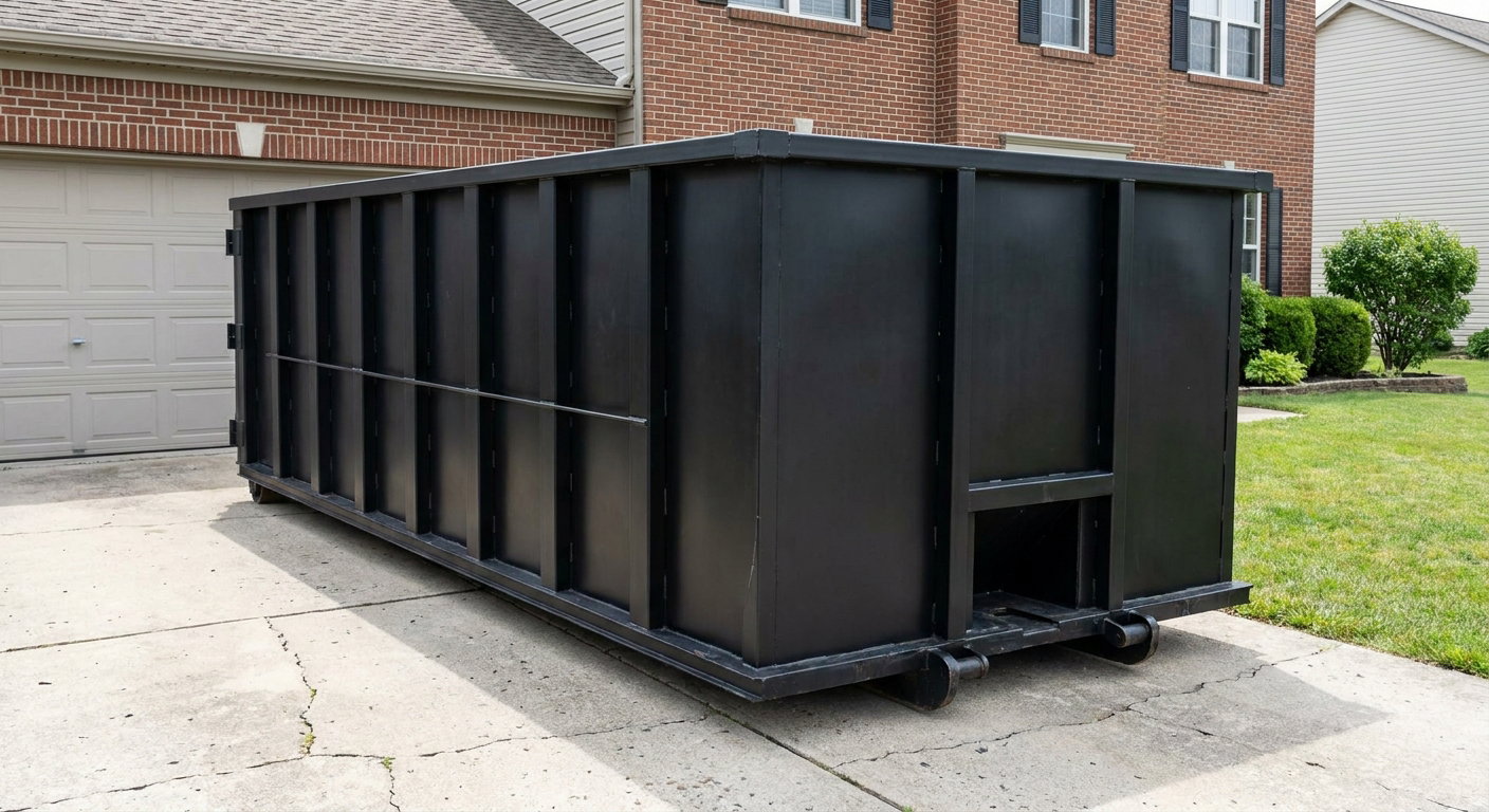 Matte-black 20-yard roll-off container on a Encinitas residential concrete driveway with reinforced ribbed steel sidewalls and a hinged rear walk-in door, clean bright daylight.