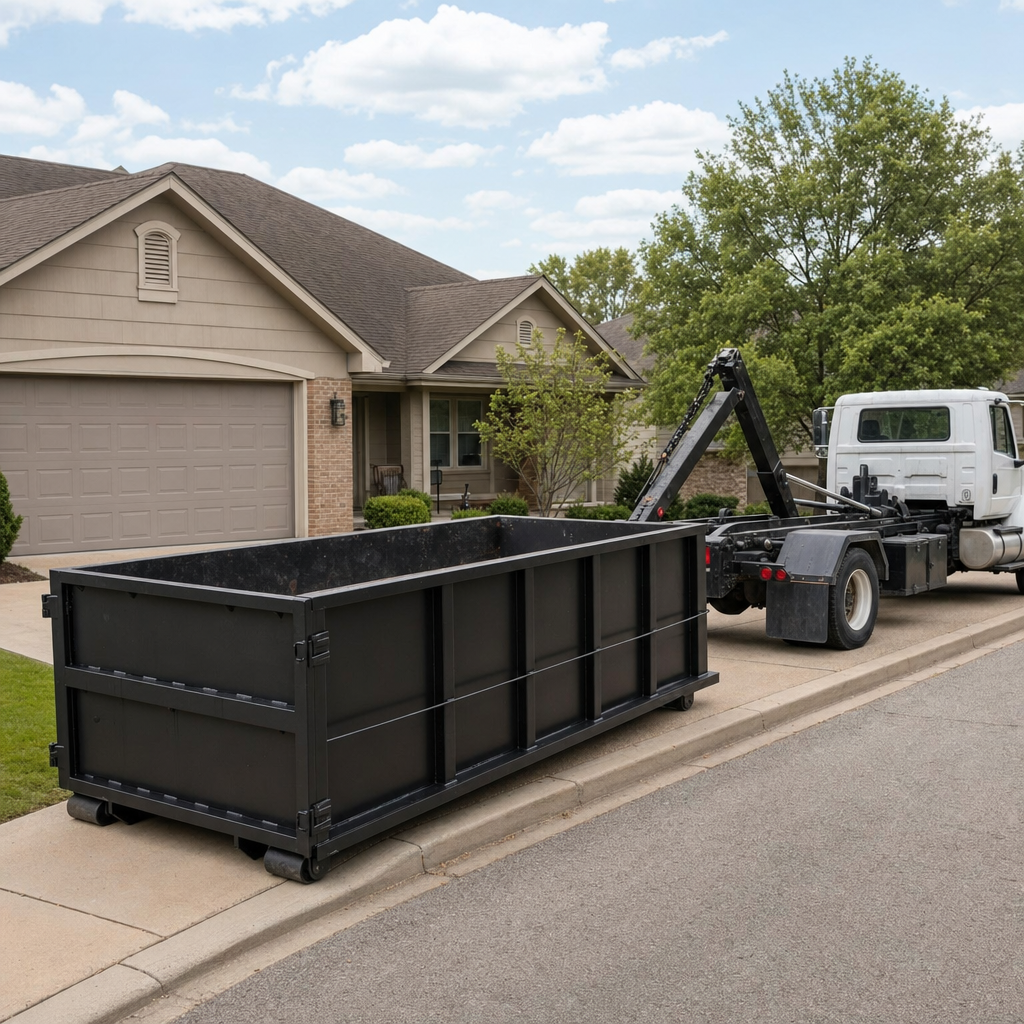 Wide documentary shot of a matte-black roll-off dumpster on a Encinitas residential driveway in the foreground and a contractor jobsite container in the soft-focus background, bright daylight, calm and orderly composition.
