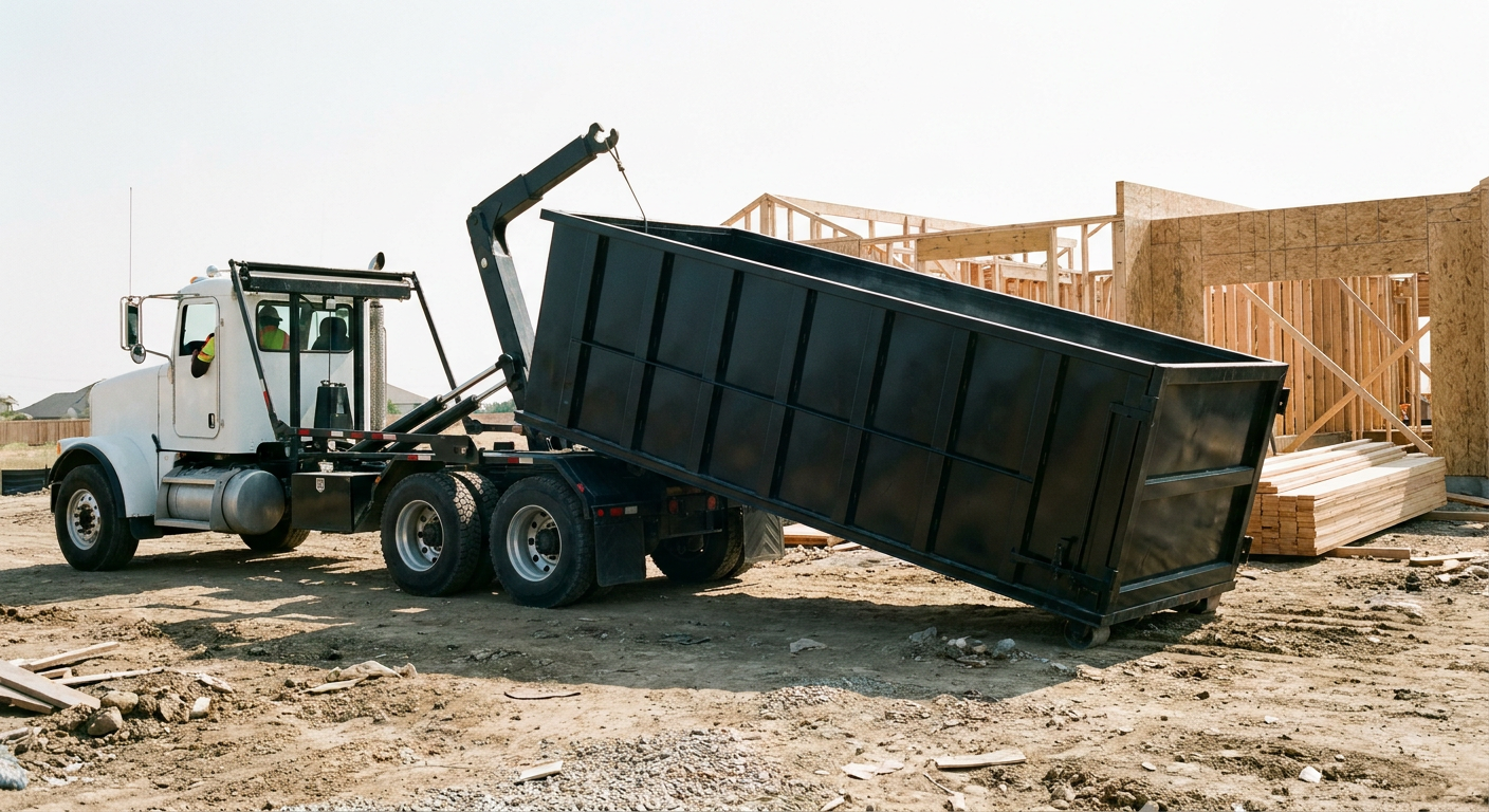 Matte-black roll-off dumpster being delivered onto a clean residential concrete driveway in Encinitas by an unmarked white hooklift hauler truck, bright morning daylight, documentary 35mm perspective.
