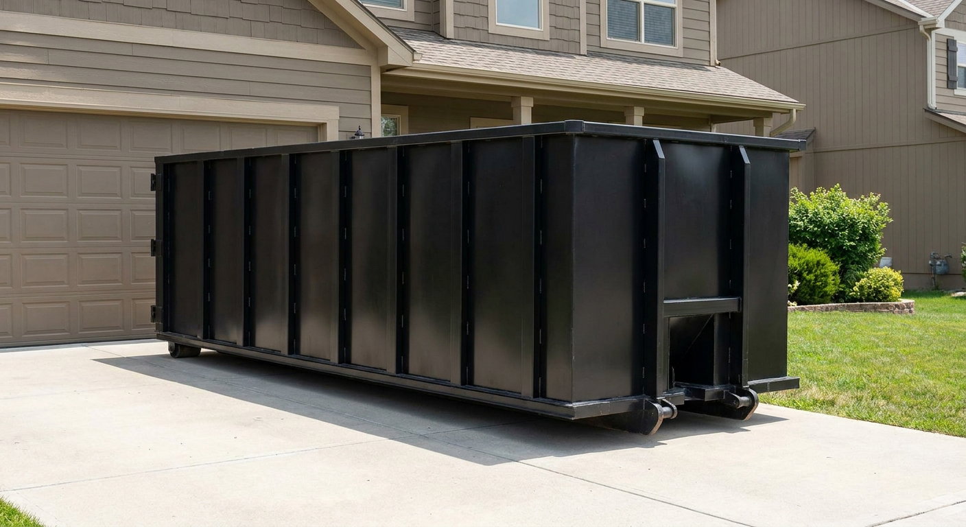 Matte-black residential roll-off dumpster sitting directly on a suburban Encinitas concrete driveway, garage door closed, single-family home in background, bright morning daylight.