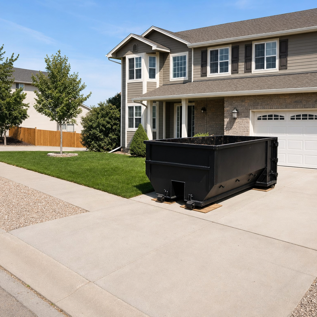 10-yard matte-black residential dumpster placed directly on a narrow Encinitas concrete driveway, room remains for a parked sedan beside it, mid-morning natural light