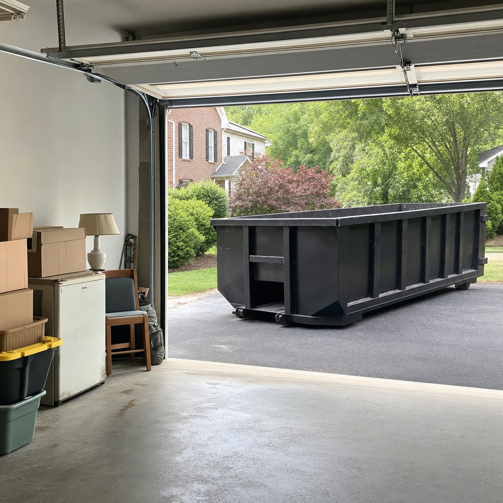 Open garage interior in a Encinitas home mid-cleanout — boxed items, an old appliance, and stacked yard tools queued near the driveway for a matte-black roll-off dumpster, organized and calm