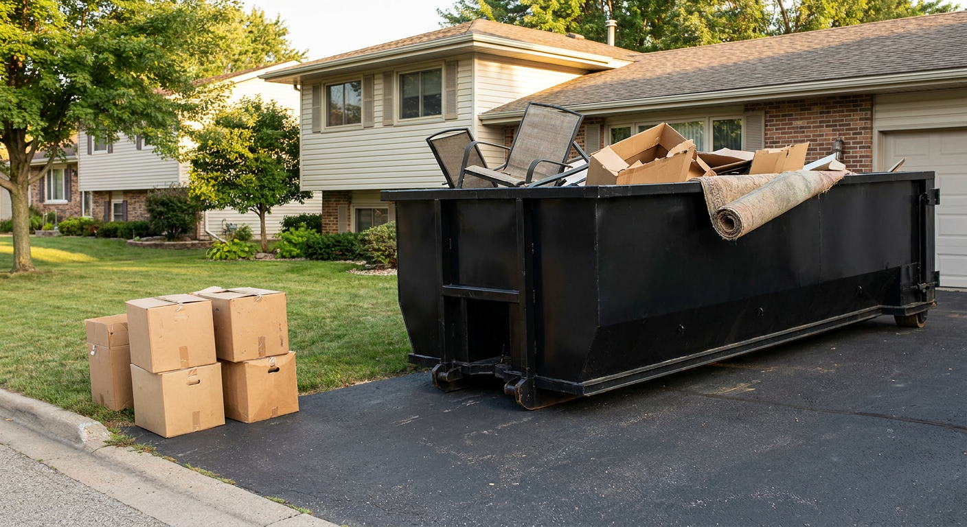 Front-yard view of a Encinitas split-level home with a 20-yard matte-black roll-off dumpster sitting directly on the asphalt driveway, a few clearly labeled donation boxes staged at the curb, calm sunny afternoon.