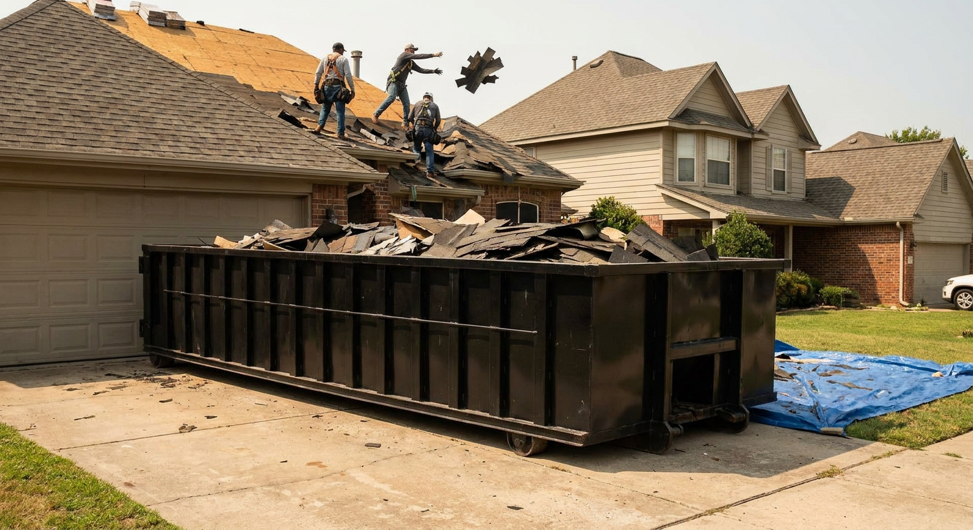 Matte-black roofing roll-off dumpster placed directly on a Encinitas residential concrete driveway, a tear-off crew on a two-story asphalt-shingle roof tossing shingle bundles into the low-walled container, bright daylight, documentary 35mm perspective.