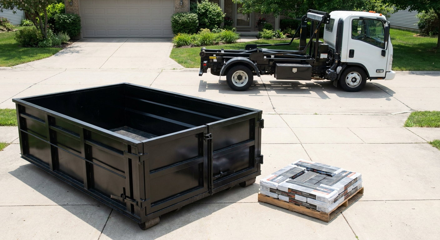 Matte-black 15-yard roofing roll-off dumpster with reinforced low side walls sitting directly on a Encinitas residential concrete driveway, three-tab asphalt shingle bundles stacked nearby, an unmarked white hauler truck partially visible at the edge of the frame.