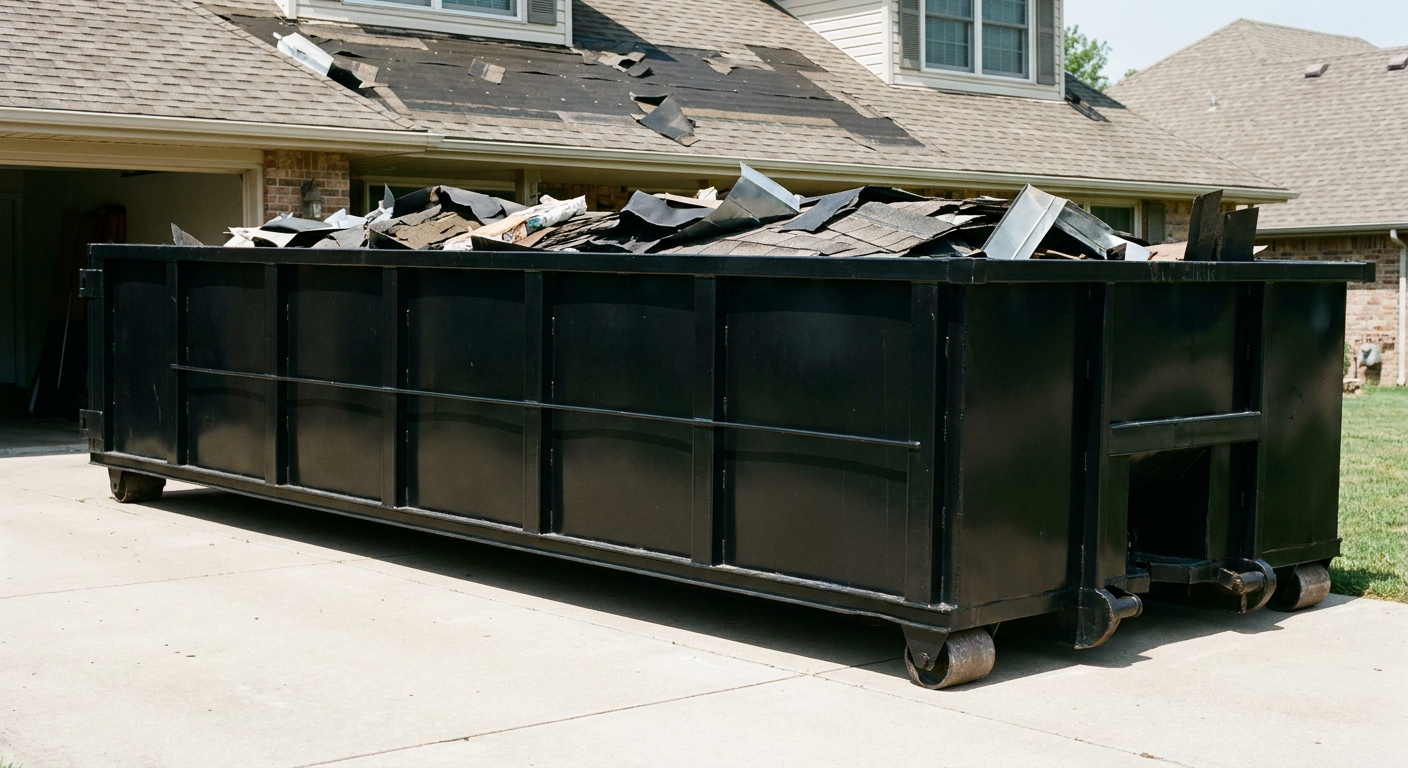 Matte-black 20-yard roofing roll-off dumpster with steel ribbed sides and swinging rear door, sitting directly on the concrete driveway of a two-story Encinitas home, asphalt shingle debris being loaded over the low wall, clean documentary lighting.