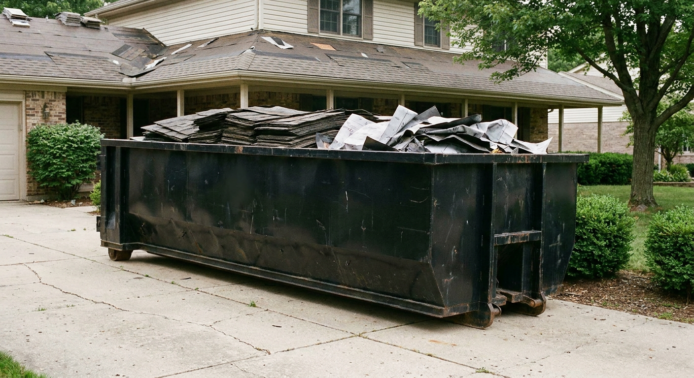 Matte-black 30-yard roofing roll-off dumpster sitting directly on a Encinitas concrete driveway, taller ribbed steel side panels, mixed tear-off debris of asphalt shingles and underlayment inside, professional documentary daylight.