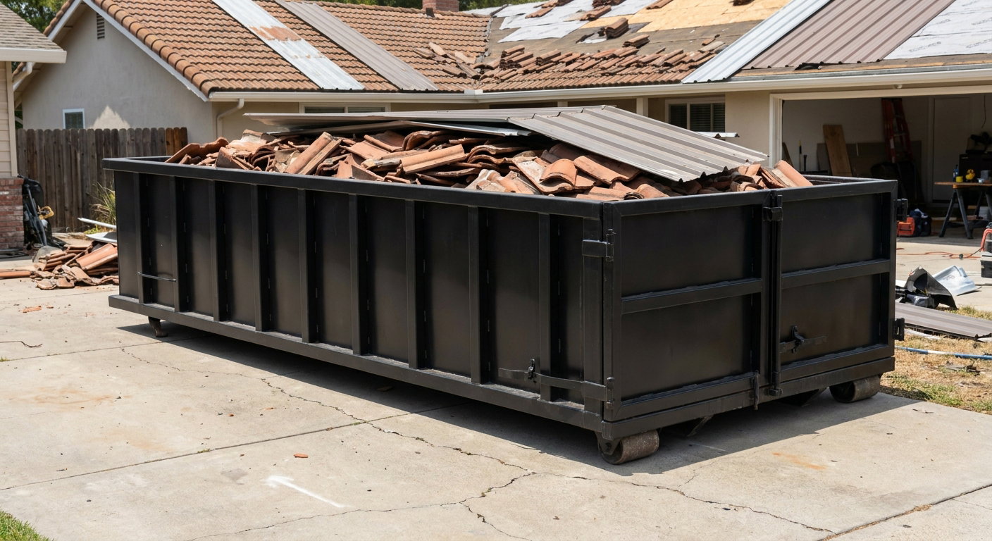 Matte-black low-wall heavy-debris roofing roll-off dumpster sitting directly on a Encinitas concrete driveway, broken concrete clay roof tiles and metal panel sections loaded inside, reinforced ribbed steel side walls visible, bright outdoor daylight.