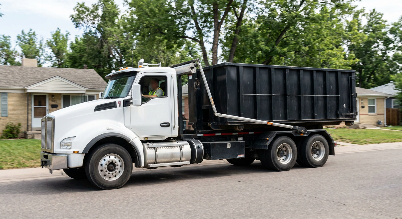 A wide documentary shot of a matte-black roll-off delivery truck pulling onto a quiet Encinitas residential street at mid-morning, with neighborhood rooftops and tree-lined blocks visible behind, showing the metro coverage footprint.