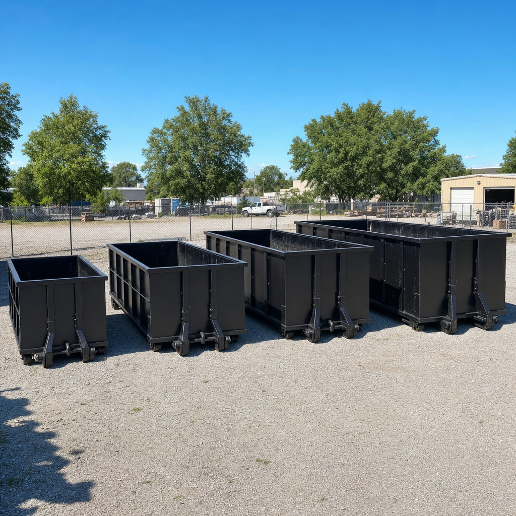 A clean lineup of matte-black roll-off dumpsters in 10, 20, 30, and 40-yard sizes staged on a sunlit gravel yard in Encinitas, showing the size progression from compact to commercial-scale containers.