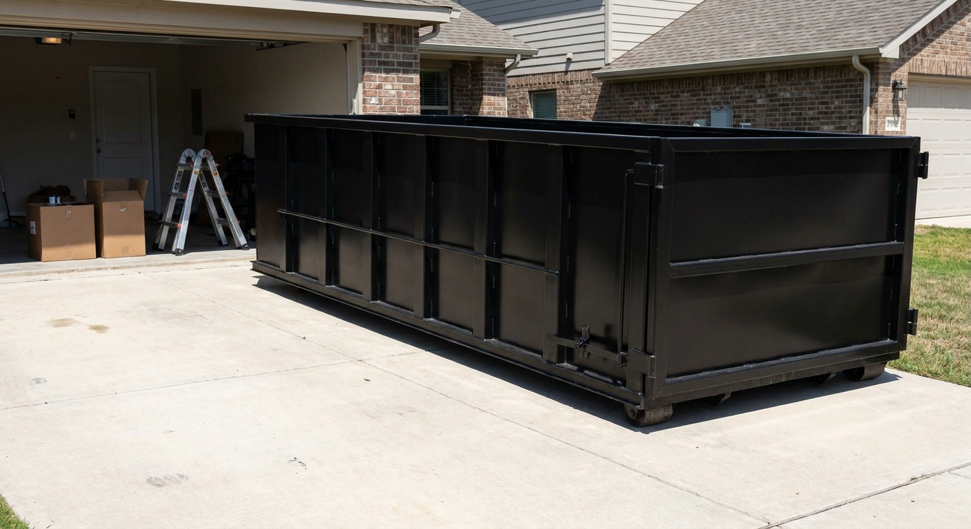 A matte-black 10-yard roll-off dumpster sitting directly on a residential Encinitas concrete driveway, mid-day sunlight, clean and ready for a garage cleanout.