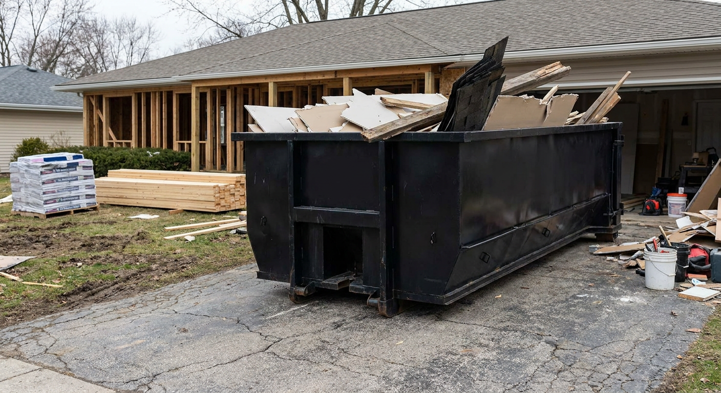 A matte-black 20-yard roll-off dumpster placed alongside a mid-renovation Encinitas home directly on the asphalt driveway, with framing materials and torn-off shingles staged neatly nearby.