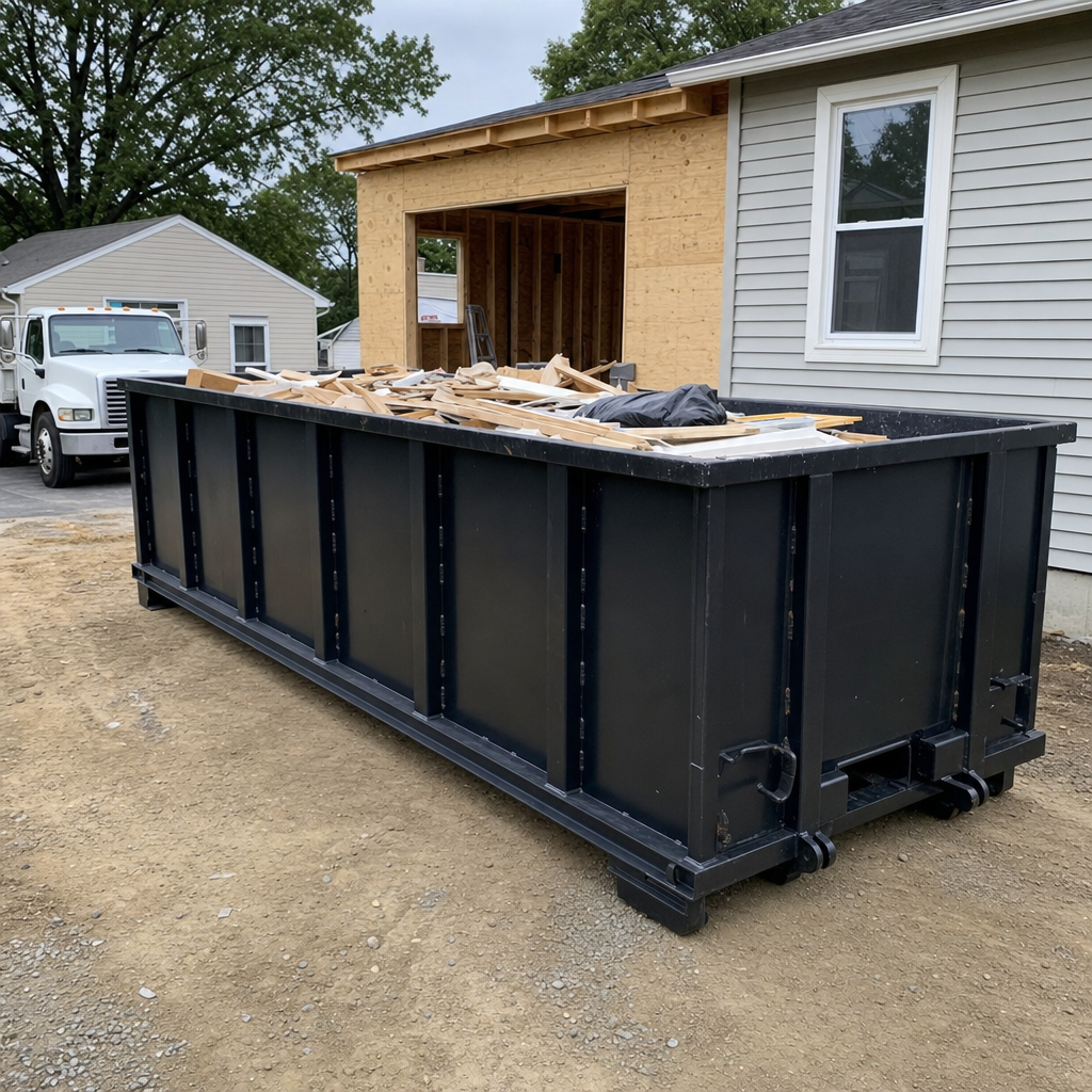 A matte-black 30-yard roll-off dumpster positioned at a Encinitas residential addition jobsite, with framing lumber and drywall scraps loaded through the open swinging rear doors.