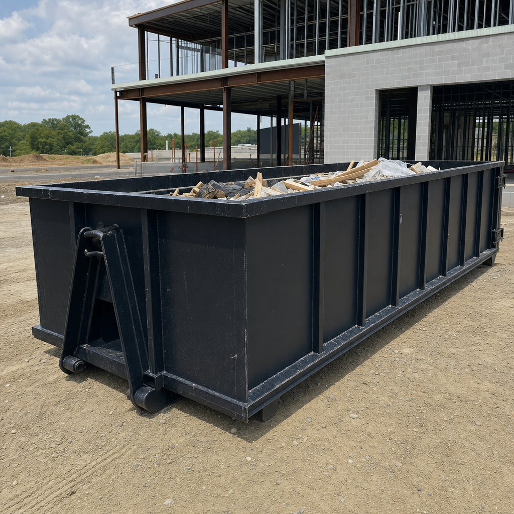 A matte-black 40-yard roll-off dumpster staged on a large Encinitas commercial construction lot, with a hooklift delivery truck parked alongside under bright midday sky.
