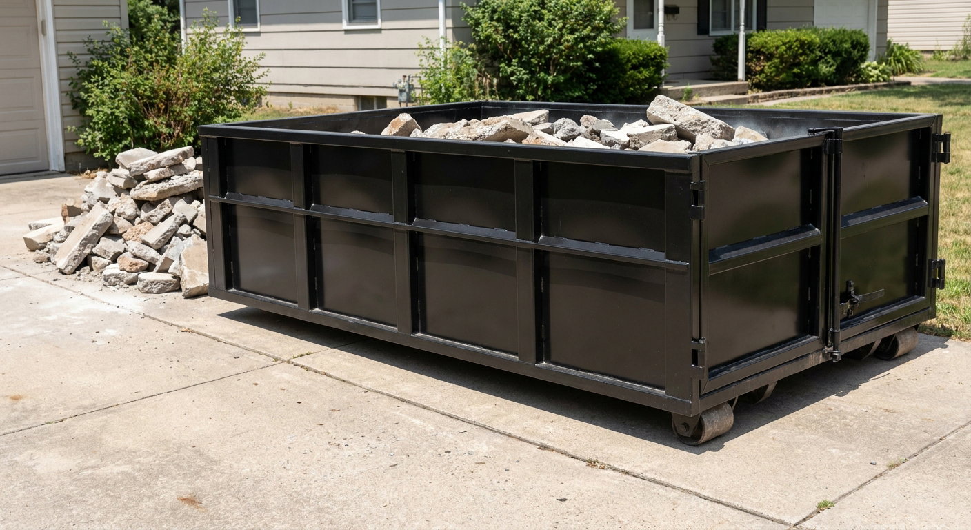 A matte-black low-side heavy-debris roll-off dumpster placed directly on a Encinitas concrete driveway, with broken concrete chunks neatly stacked beside it under clean daylight.