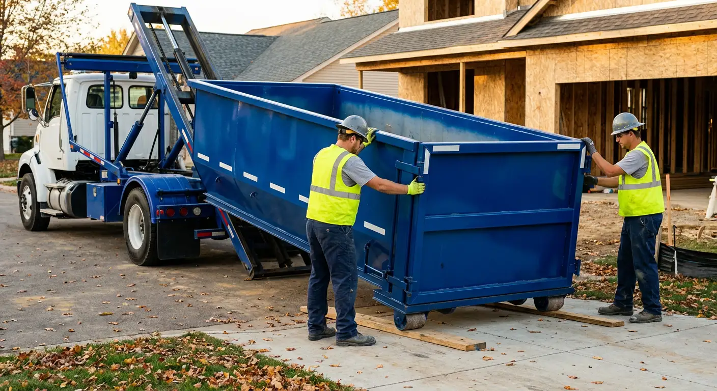 Roll-off dumpster delivery truck in residential area in Encinitas, CA