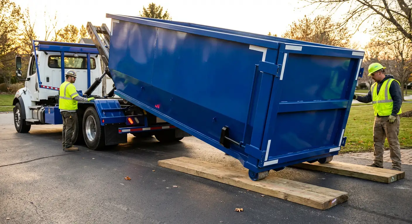 Dumpster delivery on driveway in Encinitas, CA